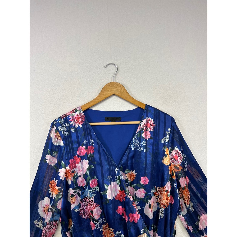 INC Floral Metallic Shimmer Romantic Womens Large Blue Wrap Peplum Blouse - Picture 6 of 8